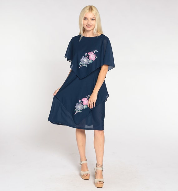 Capelet Dress 70s 80s Navy Blue Mini Dress Floral… - image 2