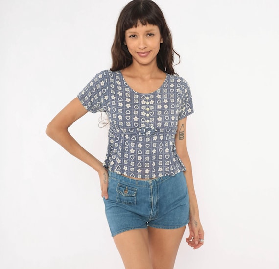 80s Hearts Flowers Grid Print Blouse Blue White Short Sleeve Button Front Tie Waist Peplum Crop Top Cottagecore Vintage Extra Small XS