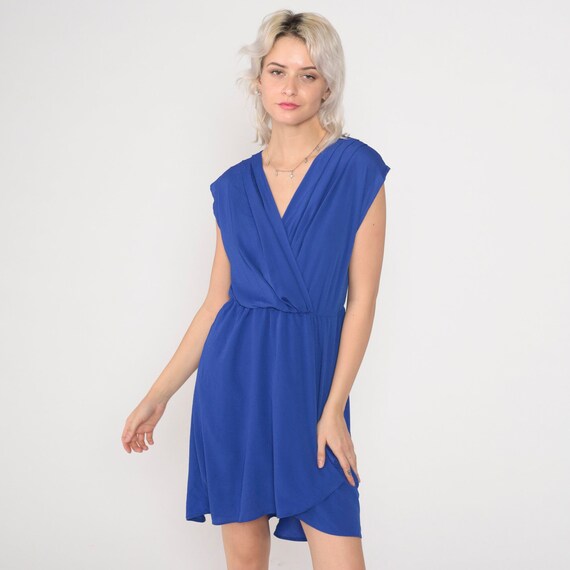 Blue Party Dress 90s Mini Dress Sleeveless Faux Wrap V Neck Grecian Cocktail Evening Pleated Blouson Tulip Hem Simple Vintage 1990s Small S