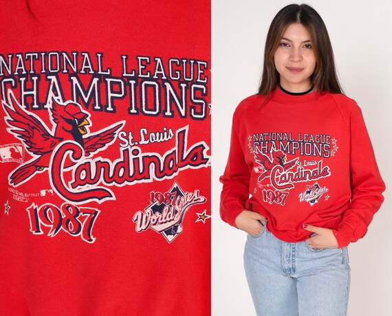 St Louis Cardinals Sweatshirt 1987 World Series Champions Graphic Shirt 80s MLB Baseball Sweater Red Raglan Sleeve Vintage 1980s Small S