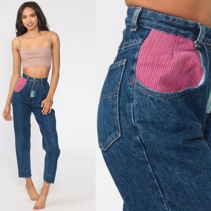 Pleated Mom Jeans 22 Jeans 90s High Waisted Denim Pants Patch Plaid Trim Tapered 80s Vintage Blue Stone Wash 2xs xxs Extra Small