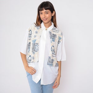 Geometric Button Up Shirt 90s White Attached Vest Shirt Button Up Shirt 1/2 Short Sleeve Vintage 1990s Blue Tan Extra Large xl