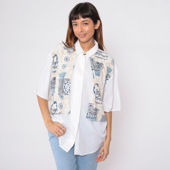Geometric Button Up Shirt 90s White Attached Vest Shirt Button Up Shirt 1/2 Short Sleeve Vintage 1990s Blue Tan Extra Large xl