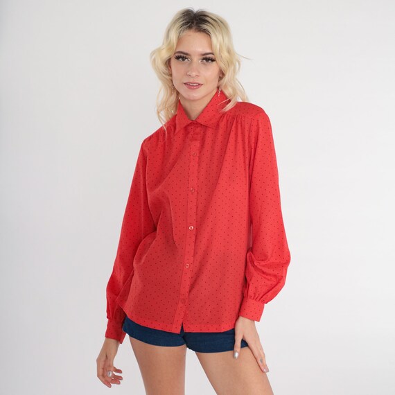 Polka Dot Shirt 70s 80s Red Top Button Up Blouse Boho Disco 1970s Collar Secretary Vintage Long Sleeve Retro Dot Print Point Collar Medium