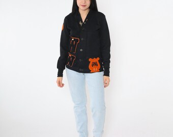 Vintage Black Varsity Cardigan 50s Wool Letterman Sweater Chenille