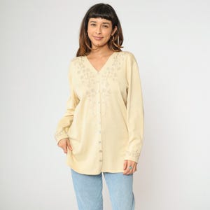 90s Cream Floral Embroidered Cardigan Sweater Vintage Longline V Neck Boho Button Up Knit Retro 1990s Acrylic Cotton Large L