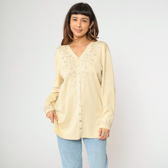 90s Cream Floral Embroidered Cardigan Sweater Vintage Longline V Neck Boho Button Up Knit Retro 1990s Acrylic Cotton Large L