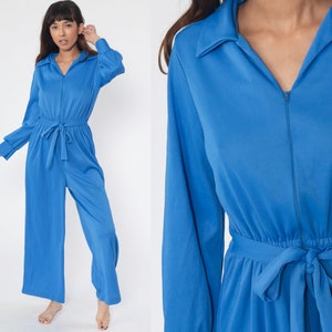 Blue Bell Bottom Jumpsuit 70s Jumpsuit Wide Leg Pants Boho Hippie V Neck Front Zip Disco Bohemian Vintage Pantsuit Long Sleeve Small Medium