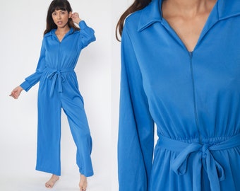 Blue Bell Bottom Combinaison des années 70 Combinaison Pantalon à jambes larges Boho Hippie V Neck Front Zip Disco Boho vintage Pantsuit Manches Longues Petit Moyen