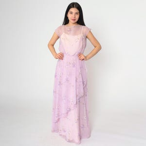 Vintage 70s Floral Chiffon Dress Sheer Lavender Party Maxi Dress High Waisted Summer Formal Evening Asymmetrical Hem 1970s Small 4