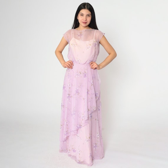Vintage 70s Floral Chiffon Dress Sheer Lavender Party Maxi Dress High Waisted Summer Formal Evening Asymmetrical Hem 1970s Small 4