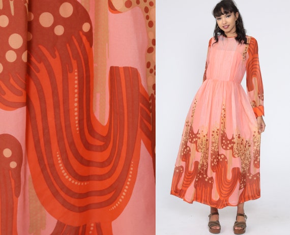 60s Maxi Dress SWIRL Print Psychedelic Dress Illus