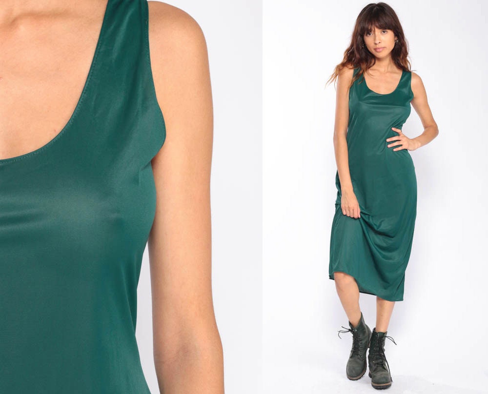 Slip Dress 80s Midi Dress Tank Dress Green Grunge Sleeveless Vintage 1980s Bohemian Retro Sheath Retro Plain Extra Large xl