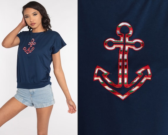 80s Nautical Shirt -- Anchor Top Navy Blue Slouchy Shirt Sailor Shirt Retro Tee Vintage Slouch Short Sleeve Medium Large
