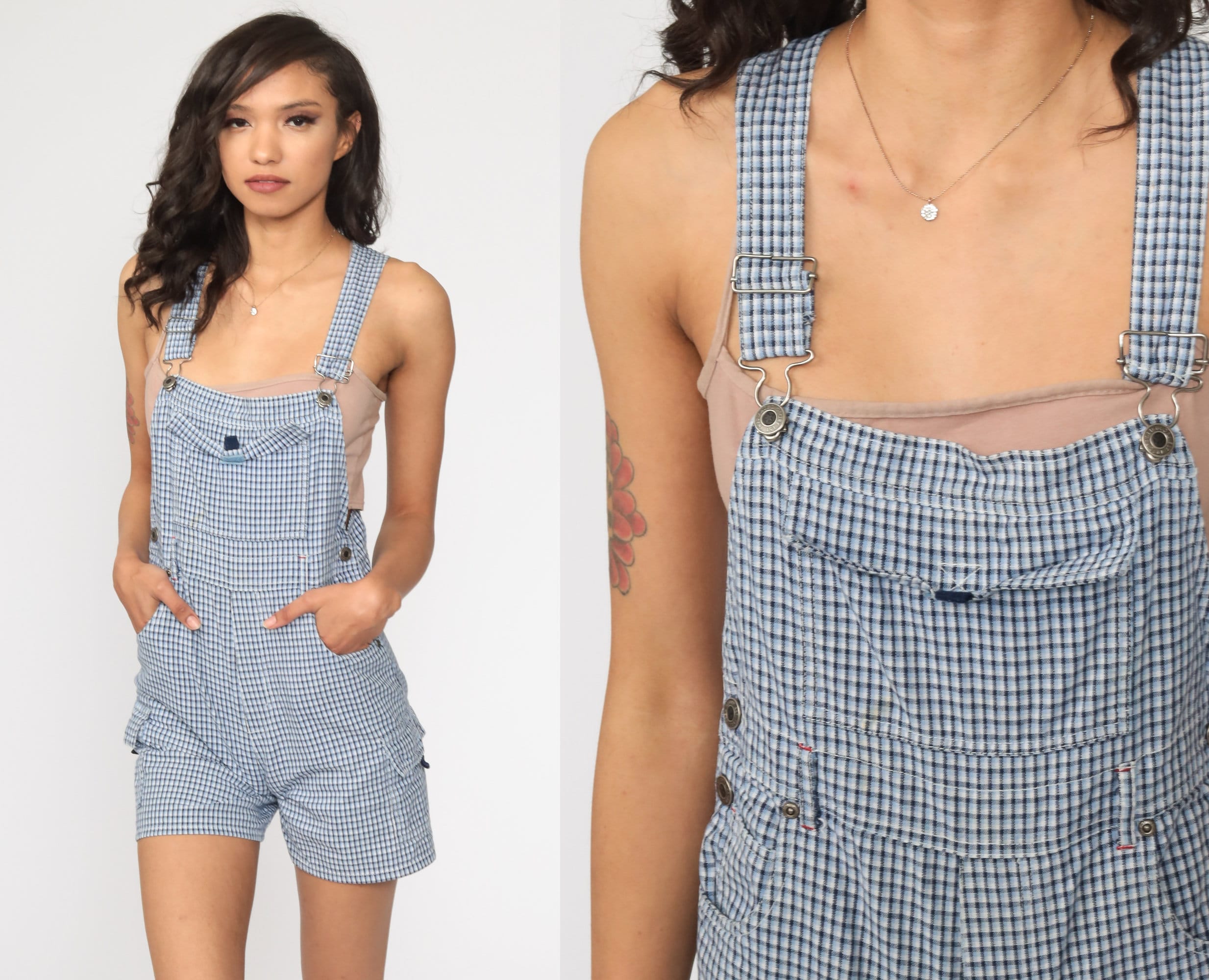 Plaid Short Overalls Blue Checkered 