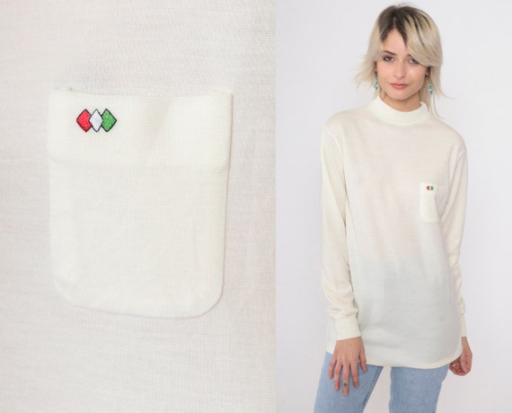 80s Mock Neck Shirt Off-White Diamond Pocket Top Long Sleeve Shirt 1980s Retro Funnel Neck Top Vintage Simple Plain Small S