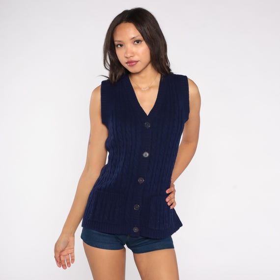 Knit Sweater Vest 70s Navy Blue Cable Knitwear Features Front Pockets V Neck Preppy Classic Layering Piece Dayne Taylor Preppy Medium M