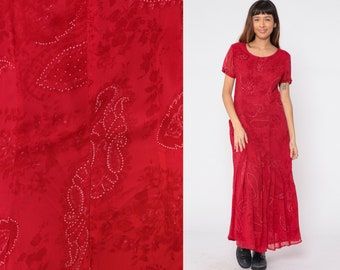 Red Paisley Dress 90s Maxi Dress Asymmetrical Drop Waist Diagonal Low Waist Pleated Boho Flowy Party Short Sleeve Vintage 1990s Medium M