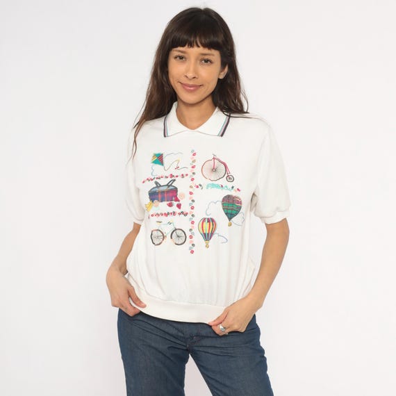 Embroidered Polo Shirt 80s Hot Air Balloon Bicycle Kite Picnic White Collared Blouse Puff Sleeve Ivory Whimsical Top Petite Medium M