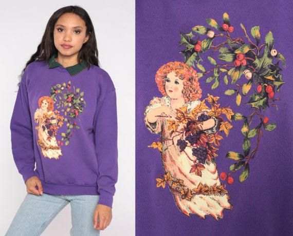 Cherub Sweatshirt 80s 90s Oil Panting Print Shirt Renaissance Fruit Graphic Collared Sweatshirt Hipster Jumper 1990s Vintage Purple Large L