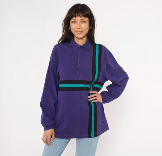 90s Purple Rugby Shirt Polo Teal Black Stripe Cotton Long Sleeve Collar Violet Sporty Colorblock Upcycled Vintage Distressed Unisex Medium M