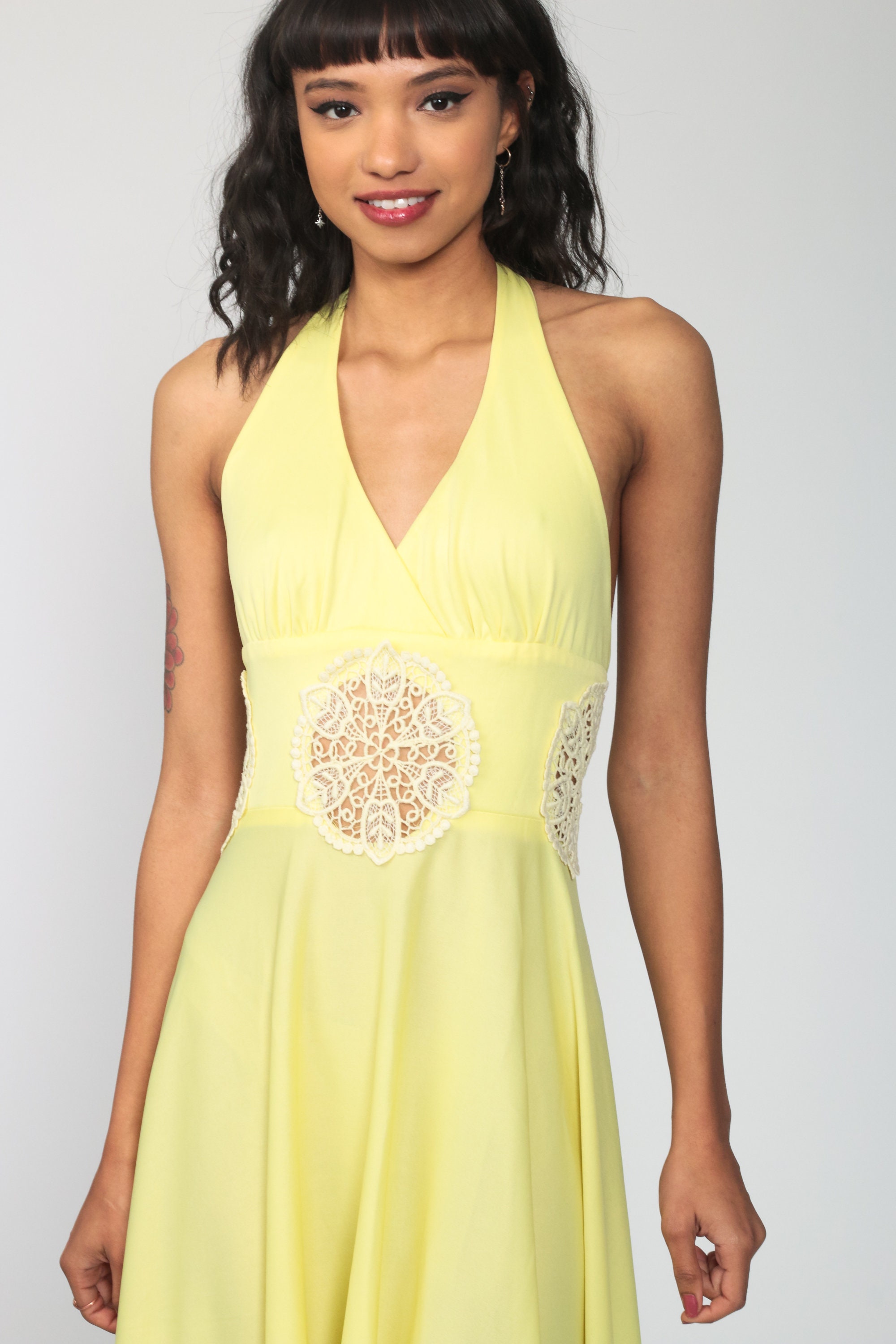 Bohemian Dress 70s Maxi Crochet LACE Cut Out Dress Halter Neck Boho Backless Yellow 1970s 