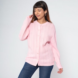 Vintage Baby Pink Cardigan 70s Pointelle Knit Button Up Sweater Semi-Sheer Open Weave Pastel Retro Spring Acrylic Boho 1970s Medium