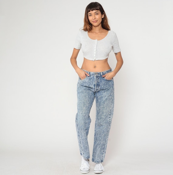 90s Levi's 501 Acid Wash Jeans High Waisted Button Fly Straight Leg Denim Vintage Blue White Stone Wash Classic Grunge Distressed Large L