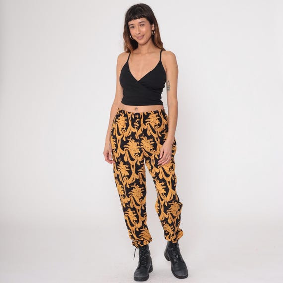 90s Baroque Pants Black Gold Yellow Scroll Pattern Elastic Waist Cropped Tapered Vintage Ornate Floral Print Dressy Casual Palazzo Medium M