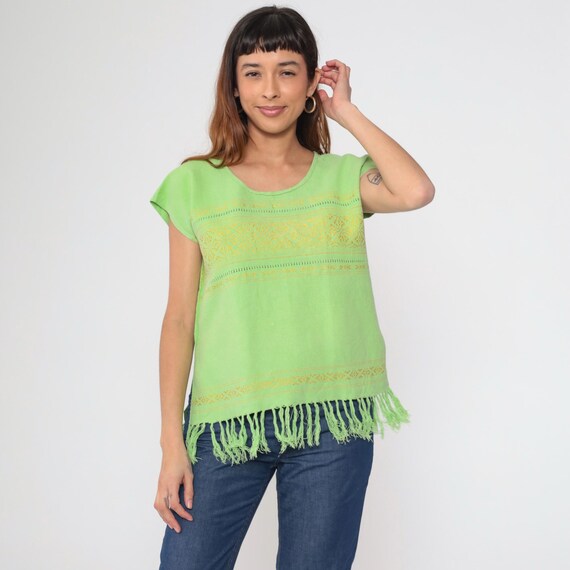 Vintage Embroidered Fringe Top Lime Green Mexican Blouse Tunic Woven Shirt Southwestern Cutwork Hippie Bohemian Boho Cap Sleeve Medium