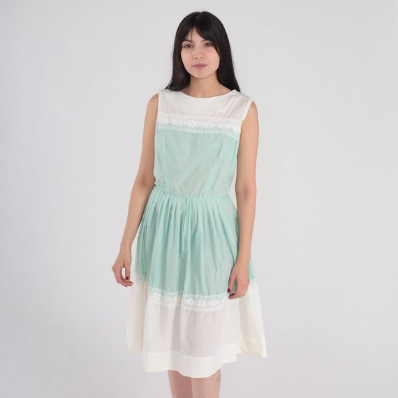 60s Day Dress Semi-Sheer White Green Lace Trim Midi Dress Retro Knee Length Fit and Flare High Waisted Sleeveless Mod Vintage 1960s Small S
