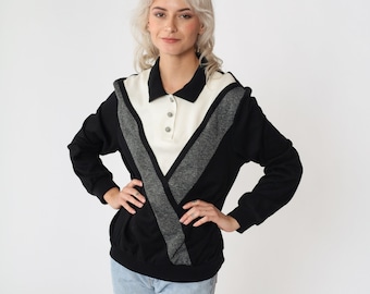 Bluza Polo z lat 90. Czarno-biała, z blokami kolorów, w paski Chevron, sportowa koszula, rozpinana, zapinana na guziki, odzież sportowa z lat 90. XX wieku, rozmiar L