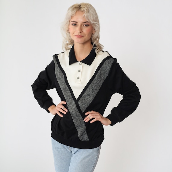 90s Polo Sweatshirt Black White Color Block Chevron Striped Sweatshirt Sports Shirt Pullover Button Up 1990s Vintage Sportswear Large L