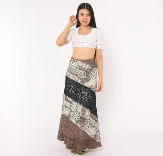 70s Patchwork Wrap Skirt Brown Black Paisley Lace Panel Cotton Maxi Tie Waist Bohemian Hippie Chessa Davis Floral Crochet Cream Large L