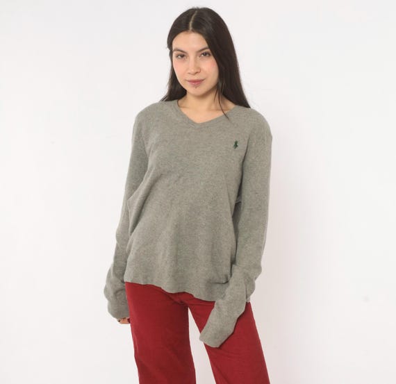 Y2k Distressed Grey V Neck Sweater Ralph Lauren Pullover Green Collegiate Academic Winter Top Grunge Thrashed Alt Nerdcore Vintage Large L