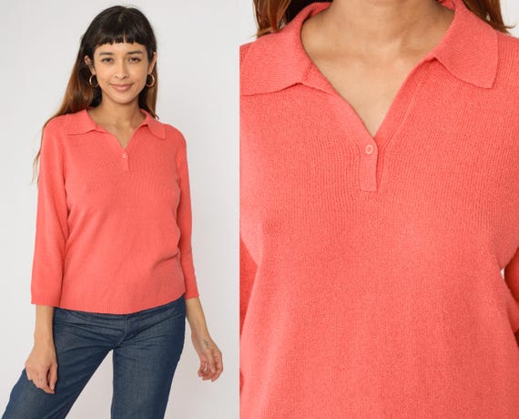 Y2K Coral Henley Sweater Slouchy Sweater Collared Button Neck Pullover Sweater 00s Jumper Vintage Preppy Normcore Medium