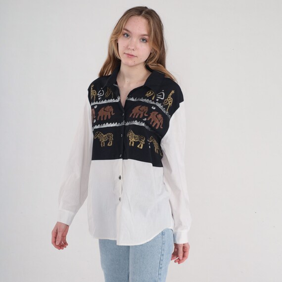 Safari Animal Shirt 90s Button up Blouse Giraffe Elephant Zebra Sparkly Glitter Jungle Top Long Roll Tab Sleeve White Vintage 1990s Large L