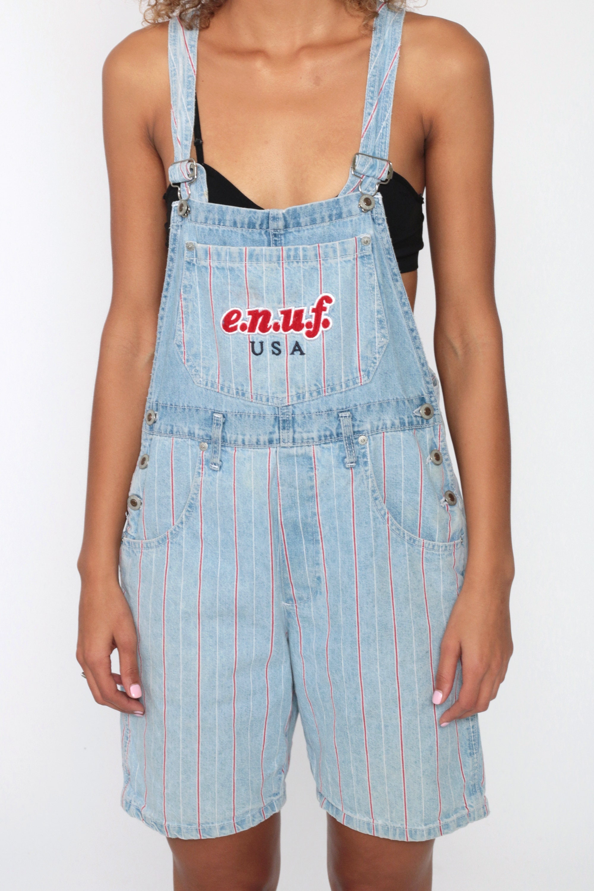 Bib Overalls 90s Denim STRIPED Shorts Jeans Shortalls Women ENUF Grunge 1990s Blue Red 