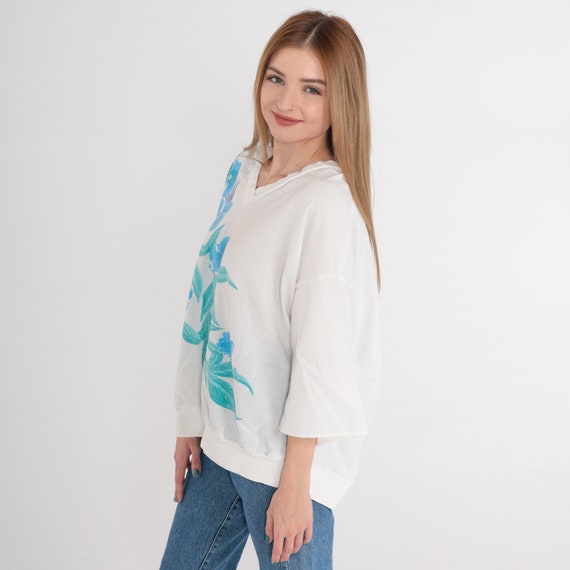 White Floral Shirt 80s 90s Top Blue Flower Graphi… - image 4