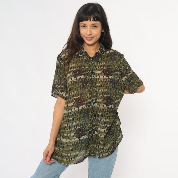 90s Leopard Print Shirt Olive Green Geometric Abstract Short Sleeve Collared Blouse Army Khaki Spot Pattern Vintage Extra Large XL