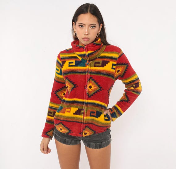 90s Southwestern Jacket Rainbow Aztec Print Red Yellow Zip Front Mock Neck Trail Crest Cropped Blanket Coat Western Vintage Extra Small XS