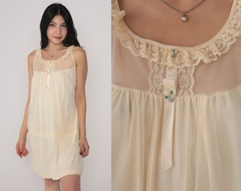 Pale Yellow Nightgown 80s Lingerie Slip Dress Floral Rosette Lace Trim Mini Nightie Tent Trapeze Sleep Lounge Nylon Vintage 1980s Small S