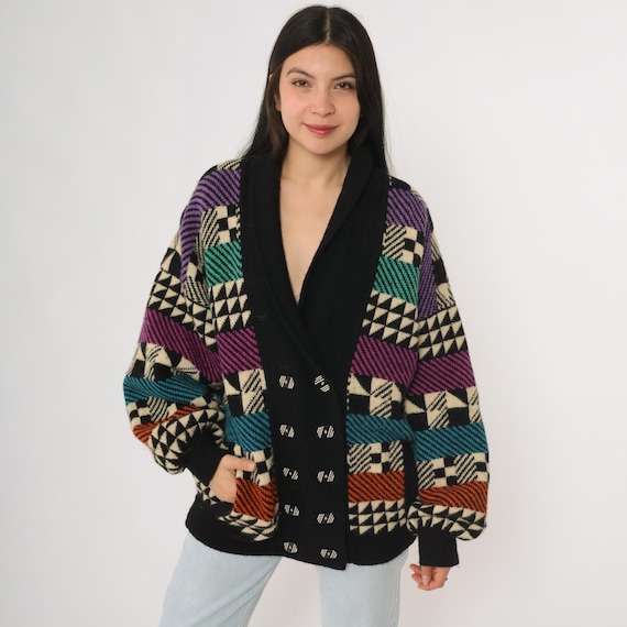 Kotki Dwa Sweater Geometric Abstract 90s Wool Black Colorful Pattern Double Breasted Knit Grunge Streetwear Cardigan Winter Jacket Large L