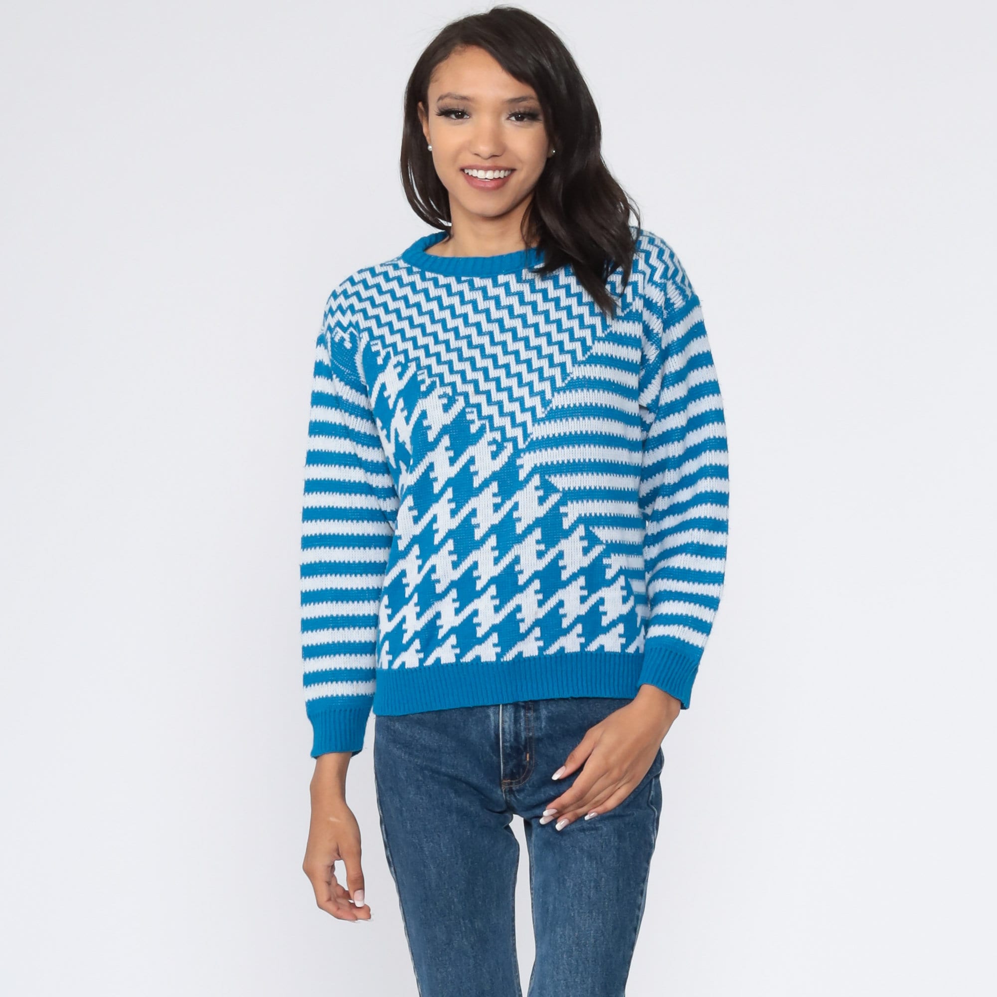 Checkered Sweater 80s Plaid Sweater Houndstooth Sweater Blue White ...