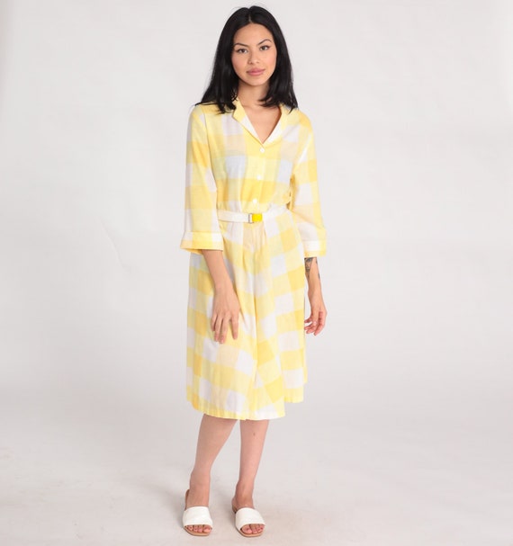 Plaid ShirtDress Yellow Checkered Dress 80s Midi High Waist Day Vintage 3/4 Long Sleeve White Button Up 1980s Preppy Secretary Retro Medium