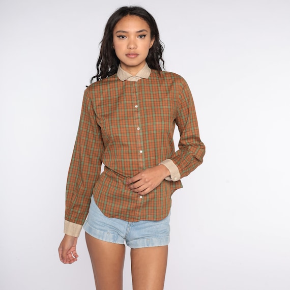 Brown Plaid Blouse 80s Button Up Shirt Chest Pocket Checkered Print Long Sleeve Top Collar 1980s Vintage Medium