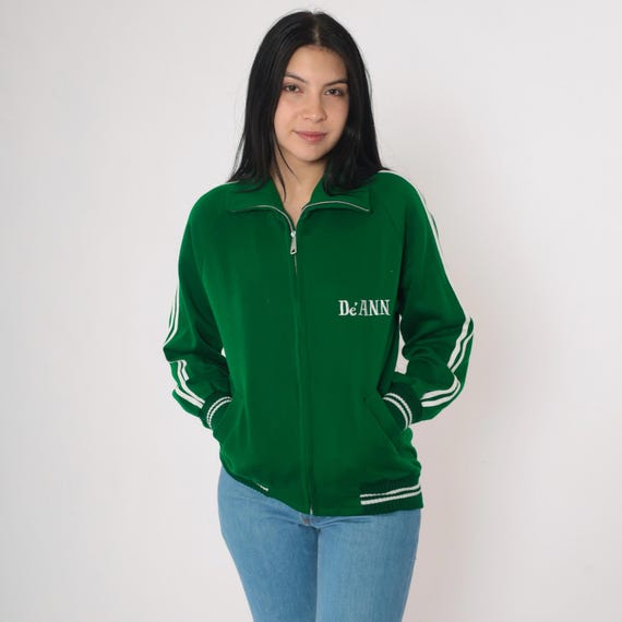 Vintage 70s Green Track Jacket Zip Up Striped Raglan Sleeve Embroidered Name DeAnn Sporty Korea Itaewon 1970s Sportswear Medium M