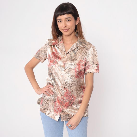 Paisley Leopard Blouse 80s Shirt Collared Satin Cream Brown Coral Pink Animal Print Blouse Vintage Safari Summer Office Top Medium M
