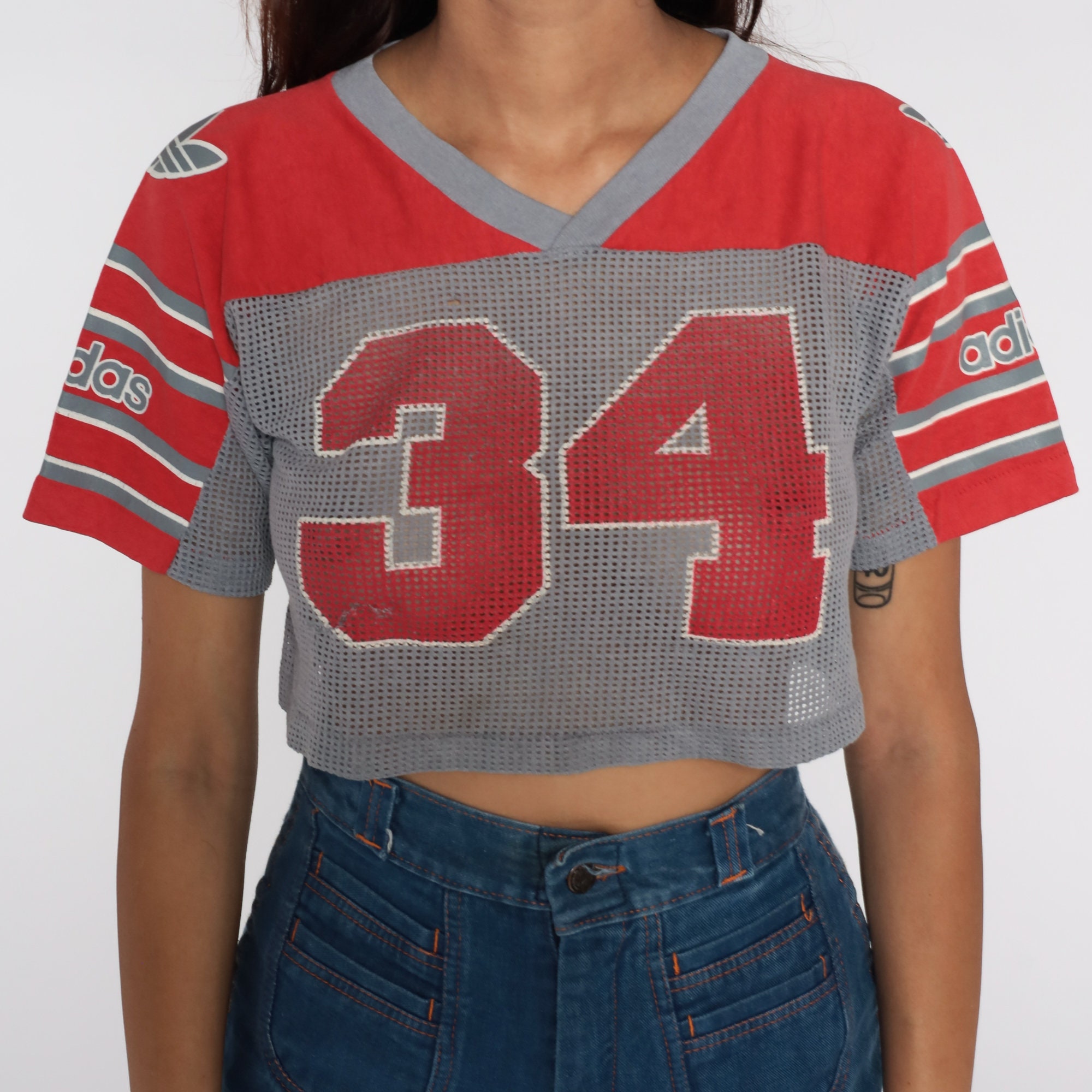 Adidas Football Shirt Mesh Crop Top 80s Tshirt SHEER Athletic