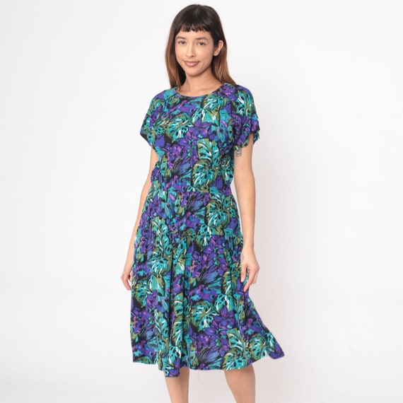 Floral Tropical Dress 90s Hawaiian Purple Teal Midi Dress Short Sleeve Day High Waisted 1990s Retro Jungle Drop Waist Vintage Rayon Large 12
